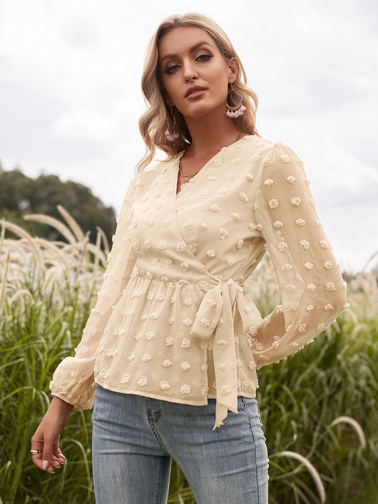 Blusa Elegante de Encaje Jacquard con Escote V y Mangas Largas - Image 7