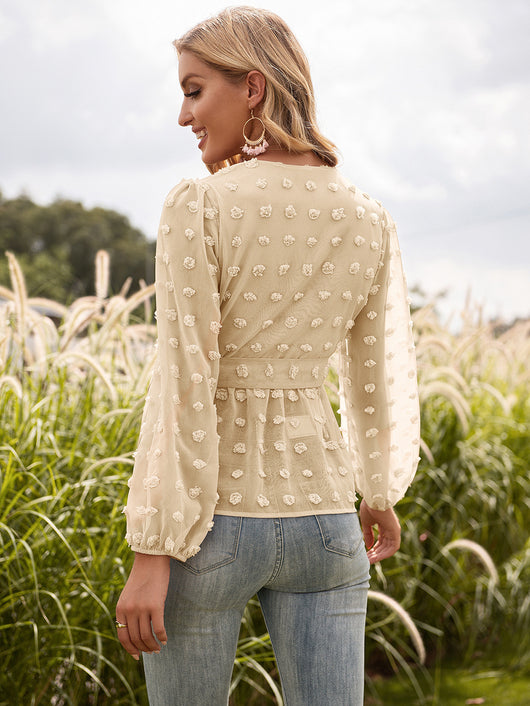 Blusa Elegante de Encaje Jacquard con Escote V y Mangas Largas - Image 8