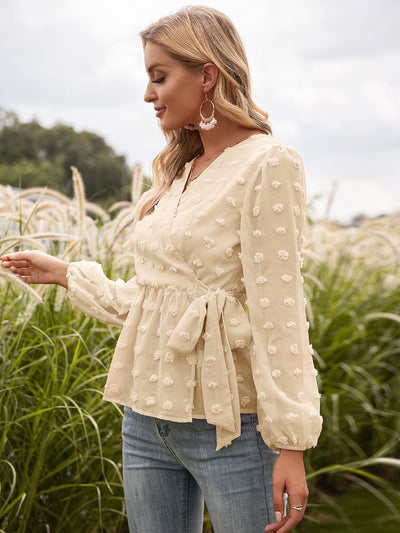 Blusa Elegante de Encaje Jacquard con Escote V y Mangas Largas - Image 9