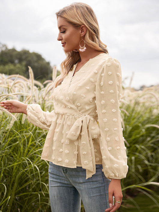 Blusa Elegante de Encaje Jacquard con Escote V y Mangas Largas - Image 9