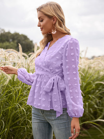 Blusa Elegante de Encaje Jacquard con Escote V y Mangas Largas - Image 13