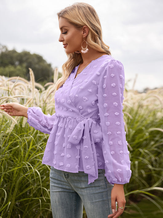 Blusa Elegante de Encaje Jacquard con Escote V y Mangas Largas - Image 13