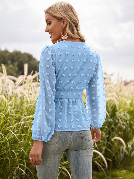 Blusa Elegante de Encaje Jacquard con Escote V y Mangas Largas - Image 20