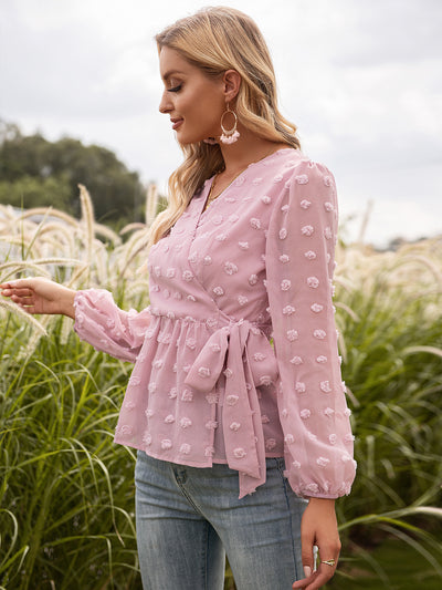 Blusa Elegante de Encaje Jacquard con Escote V y Mangas Largas - Image 23