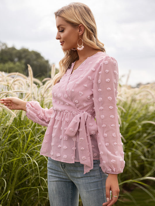 Blusa Elegante de Encaje Jacquard con Escote V y Mangas Largas - Image 23