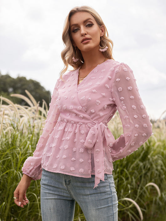 Blusa Elegante de Encaje Jacquard con Escote V y Mangas Largas - Image 24