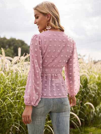 Blusa Elegante de Encaje Jacquard con Escote V y Mangas Largas - Image 25