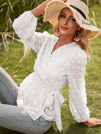 Blusa Elegante de Encaje Jacquard con Escote V y Mangas Largas - Image 27