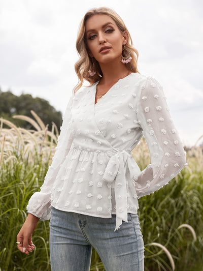 Blusa Elegante de Encaje Jacquard con Escote V y Mangas Largas - Image 29