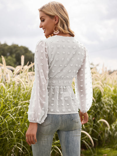 Blusa Elegante de Encaje Jacquard con Escote V y Mangas Largas - Image 30