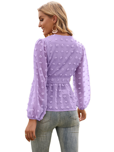 Blusa Elegante de Encaje Jacquard con Escote V y Mangas Largas - Image 32