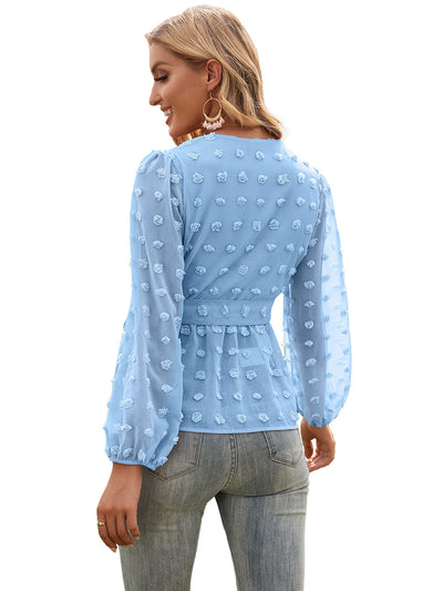 Blusa Elegante de Encaje Jacquard con Escote V y Mangas Largas - Image 36
