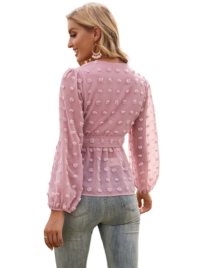 Blusa Elegante de Encaje Jacquard con Escote V y Mangas Largas - Image 40