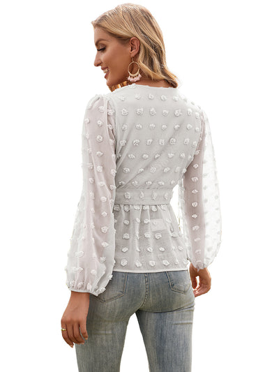 Blusa Elegante de Encaje Jacquard con Escote V y Mangas Largas - Image 44