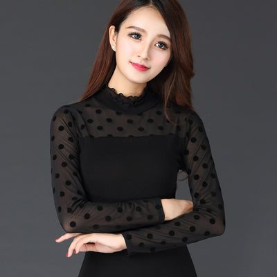 Blusa Ajustada de Encaje Mesh con Cuello Hongo - Manga Larga para Mujer - Image 7