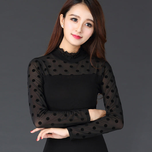 Blusa Ajustada de Encaje Mesh con Cuello Hongo - Manga Larga para Mujer - Image 7