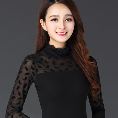 Blusa Ajustada de Encaje Mesh con Cuello Hongo - Manga Larga para Mujer - Image 8