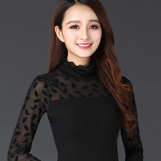 Blusa Ajustada de Encaje Mesh con Cuello Hongo - Manga Larga para Mujer - Image 8