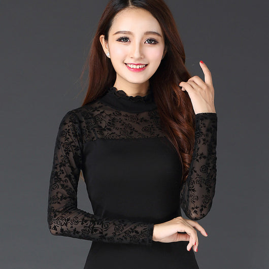 Blusa Ajustada de Encaje Mesh con Cuello Hongo - Manga Larga para Mujer - Image 9