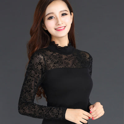Blusa Ajustada de Encaje Mesh con Cuello Hongo - Manga Larga para Mujer - Image 11