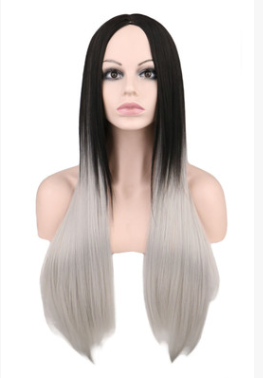 Peluca Larga Degradada Negra a Gris 68cm Cabello Sintético Liso Fibra de Alta Temperatura - Image 2