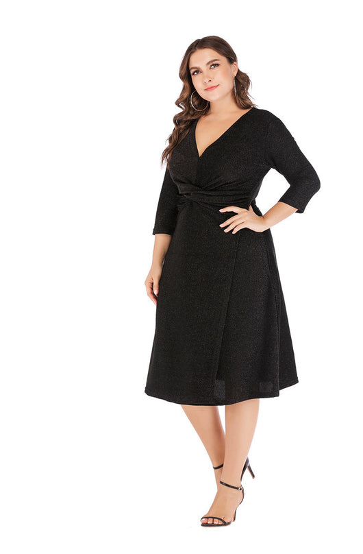 Vestido de Fiesta Midi en Seda Brillante con Escote V y Cintura Alta - Tallas Grandes - Image 15
