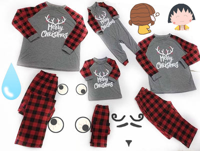 Baby's Christmas pajama set with grey 'Merry Christmas' reindeer top and red and black buffalo plaid pants. - Image 4