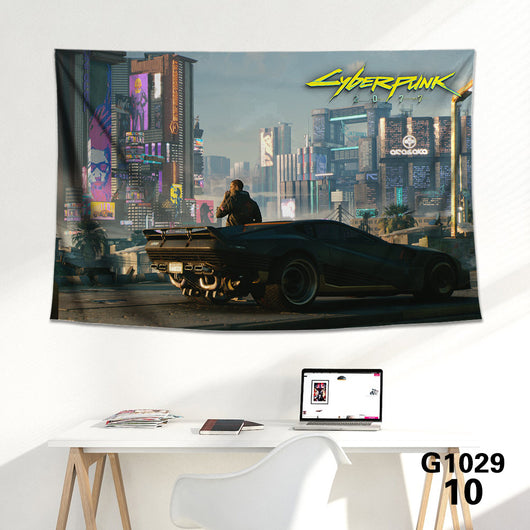Cyberpunk 2077 tapestry featuring V and Jackie Welles with a neon-lit futuristic city skyline background. - Image 23