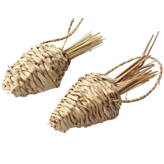 Two natural woven grass pet molars, shaped like carrots, with bundled grass tops for small animals to chew.
