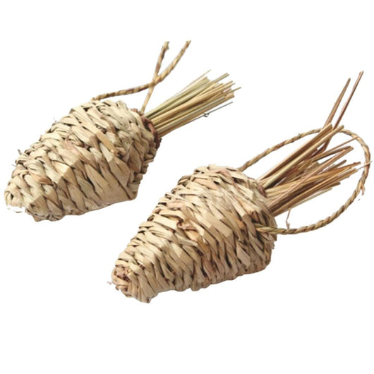 Two natural woven grass pet molars, shaped like carrots, with bundled grass tops for small animals to chew.