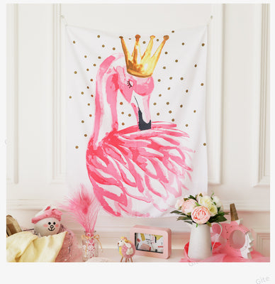 Tropical leaf and pink flamingo tapestry with "GOOD MORNING" text, hanging above a bed in a bright room. - Image 18