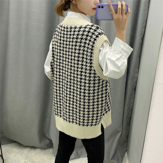 Chaleco Tejido Houndstooth Suelto para Mujer - Image 4