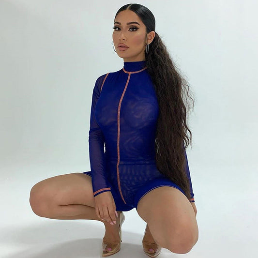 Jumpsuit Transparente Cuello Alto Manga Corta Sexy