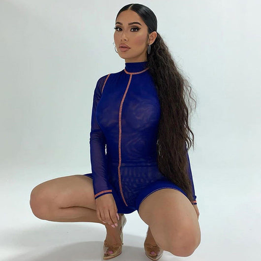 Jumpsuit Transparente Cuello Alto Manga Corta Sexy
