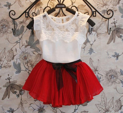 Conjunto Elegante de Dos Piezas con Falda Plisada de Gasa y Encaje