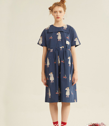 Vestido Corto de Algodón con Estampado Digital de Cerezas Azul Marino