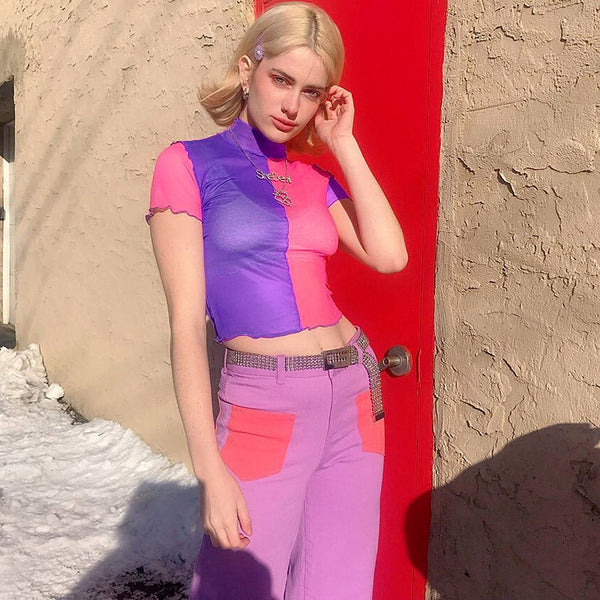 Blusa de Malla con Costuras Bicolor de Manga Corta