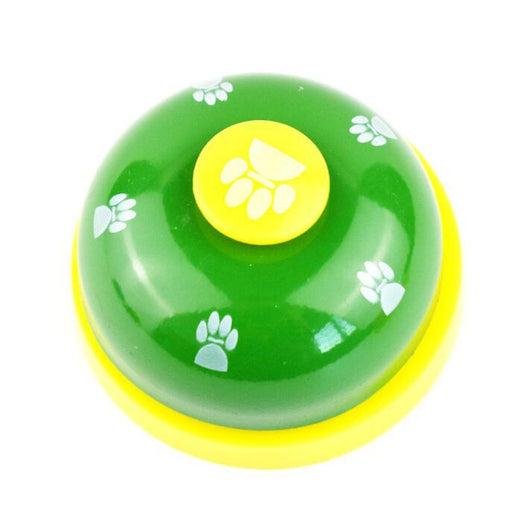 Blue and yellow pet training bell with white paw print designs and a large yellow button on top. - Image 6