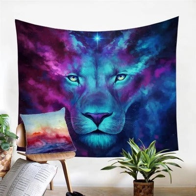 Firstborn Galaxy Lion Wall Tapestry featuring a vibrant blue and purple cosmic lion's face with bright eyes and a star. - Image 4
