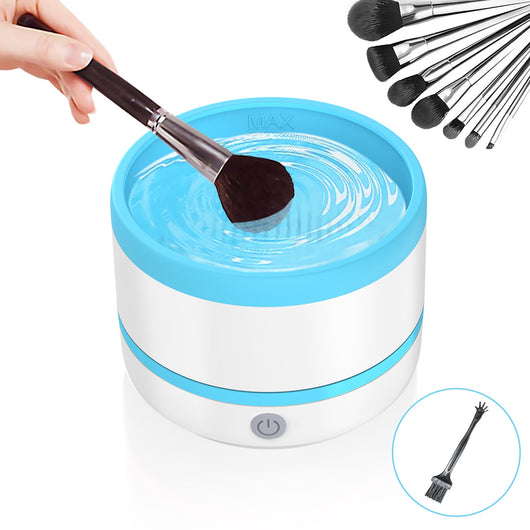 Automatic makeup brush cleaning device in white and light blue, actively cleaning a dark makeup brush. - Image 8