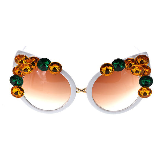 White cat-eye sunglasses with brown gradient lenses, adorned with clear and amber rhinestone flowers and bees. - Image 4