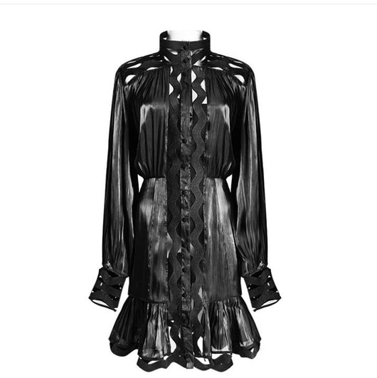 Vestido Camisero Coreano Hueco con Cuello Alto y Manga Larga - Image 13