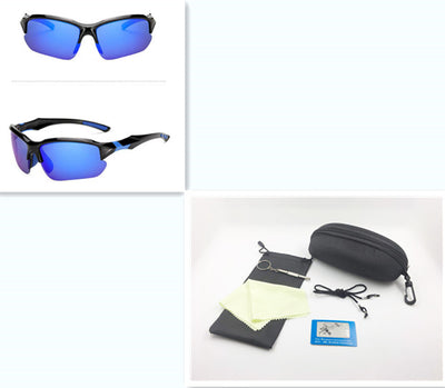 Black sports sunglasses with blue polarized lenses, shown from a front view and a three-quarter side view. - Image 37