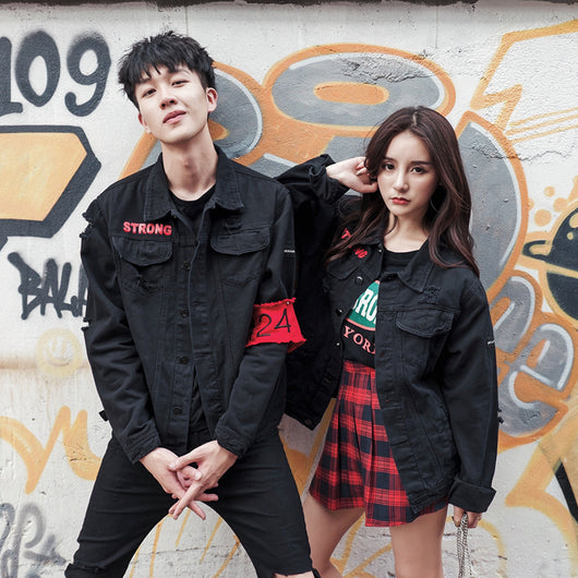 Chaqueta Denim Lavada con Agujeros para Parejas - Manga Larga Estilo Coreano
