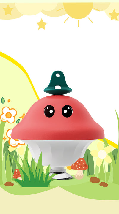 Red and white mushroom-shaped cat toy with cartoon eyes, a green loop, and a suction cup base, showing dimensions. - Image 8