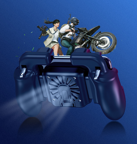 Dark blue smartphone game controller with integrated cooling fan and silver trigger buttons for mobile gaming. - Image 9