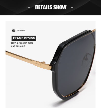 Black and gold polygon sunglasses with dark gray lenses, featuring a trendy concave design and anti-blue light properties. - Image 13