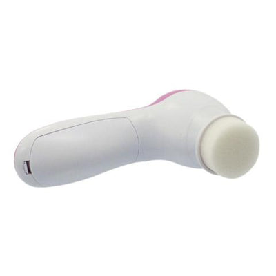 White electric facial cleanser with multiple brush and sponge attachments in an open translucent teal carrying case. - Image 6