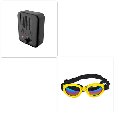 Black ultrasonic anti-barking device with a red light and a control knob, next to yellow pet goggles with rainbow lenses. - Image 15