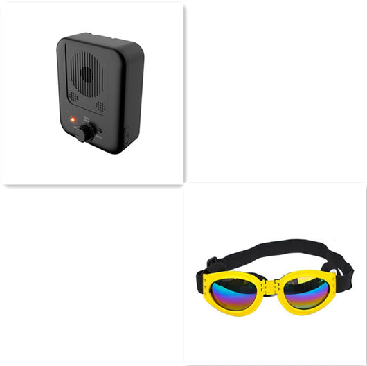 Black ultrasonic anti-barking device with a red light and a control knob, next to yellow pet goggles with rainbow lenses. - Image 15